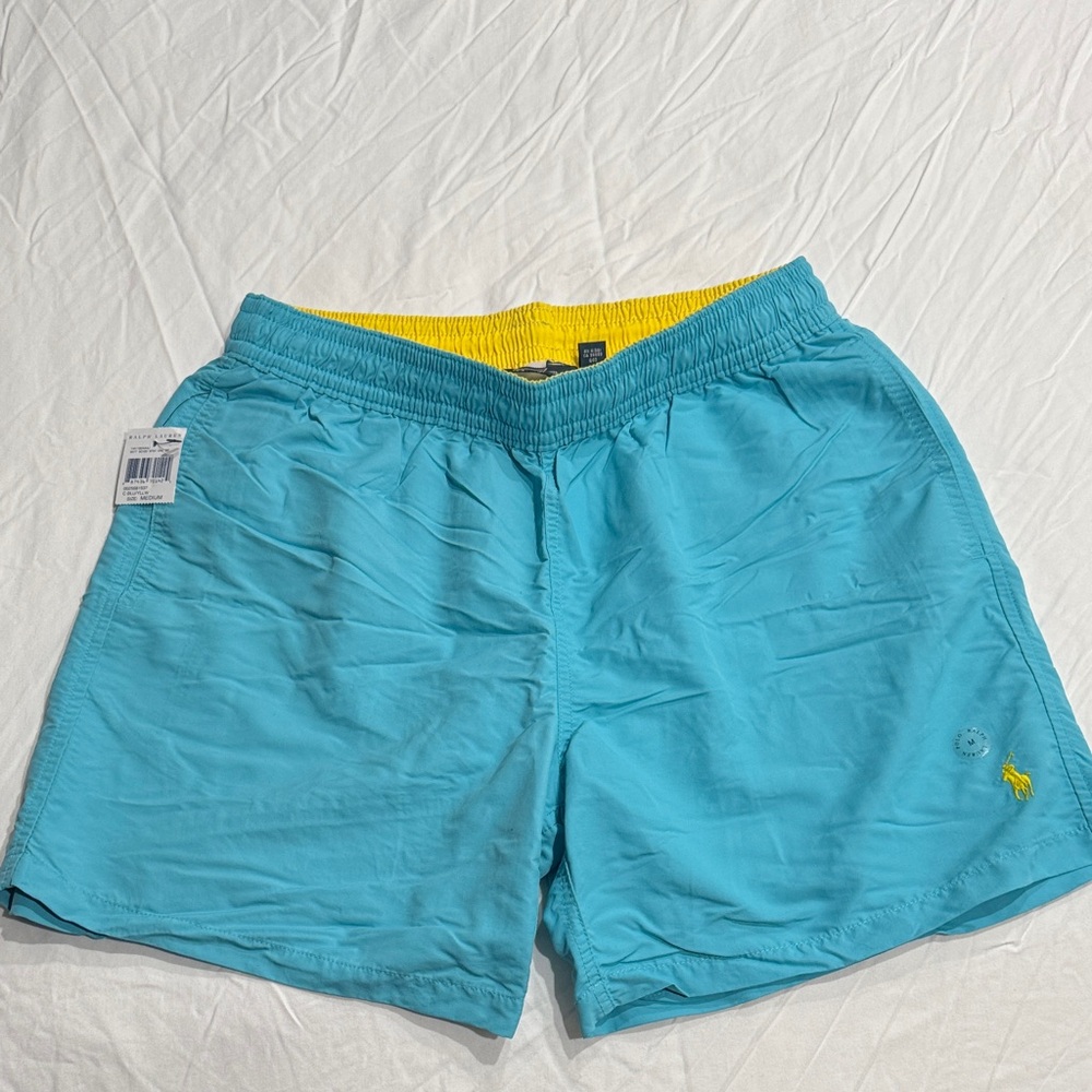 New with tags! Ralph Lauren Teal and Yellow Swim Trunks. Sz M